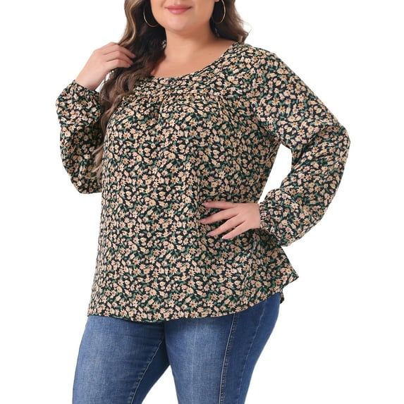 DARING DIVA Women's Plus Round Neck Ditsy Floral Printed Peplum Blouse 2X Black Beige