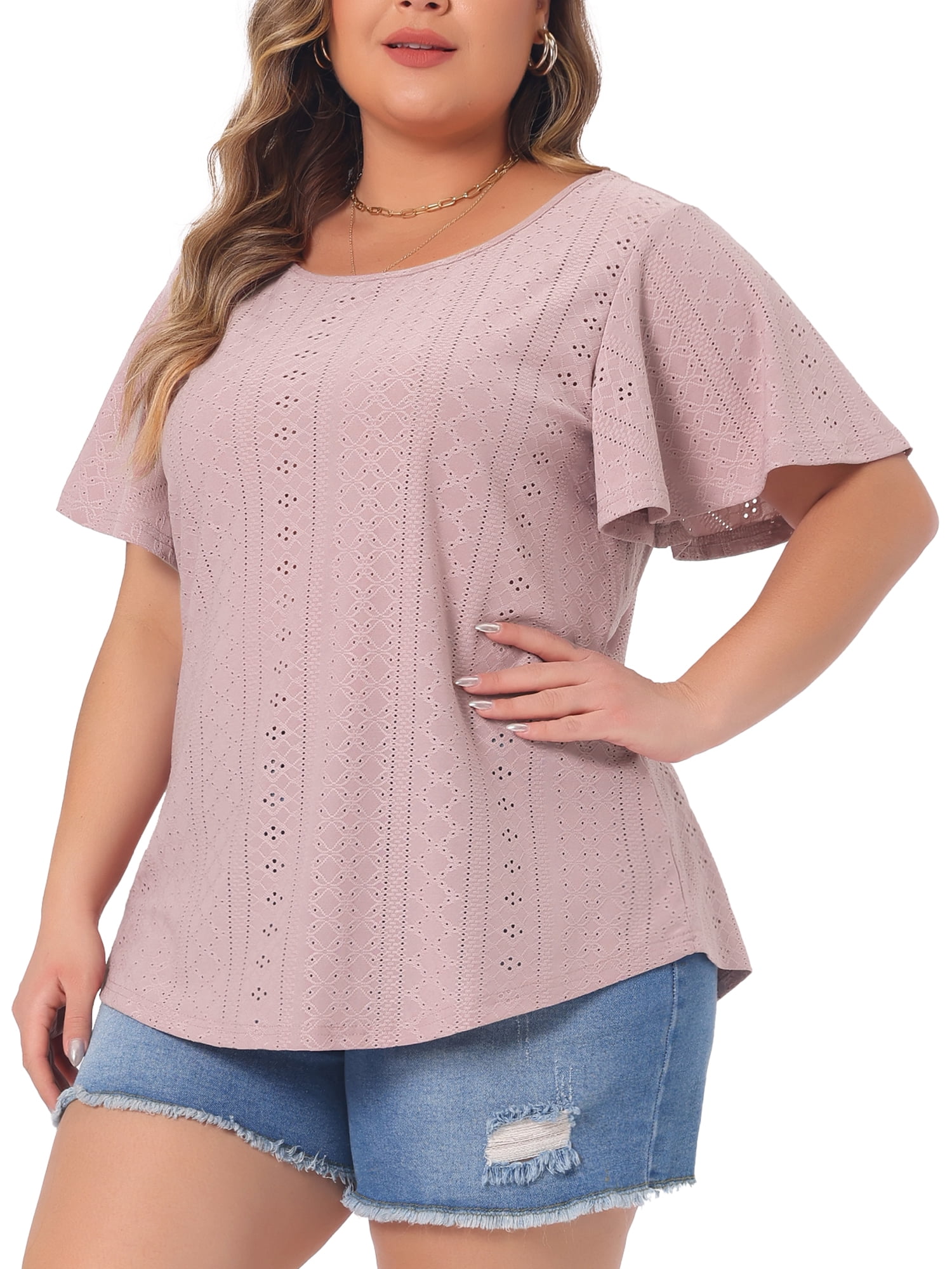 DARING DIVA Women's Plus Round Neck Hollow Flare Sleeve Casual Blouse 1X Pink