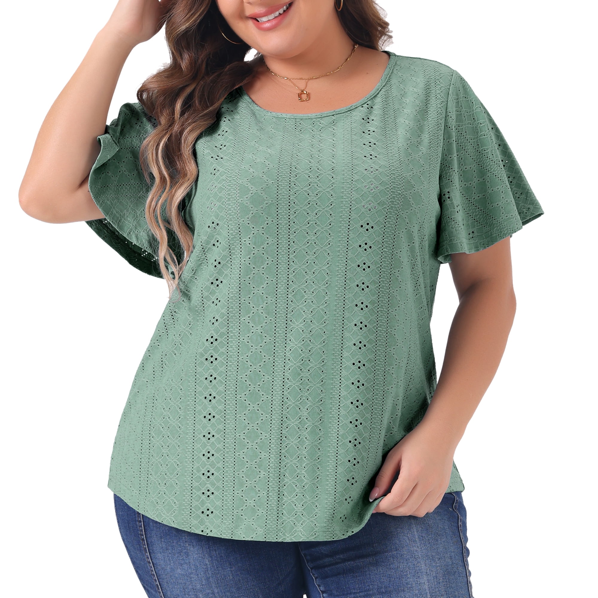 DARING DIVA Women's Plus Round Neck Hollow Flare Sleeve Casual Blouse 2X Green