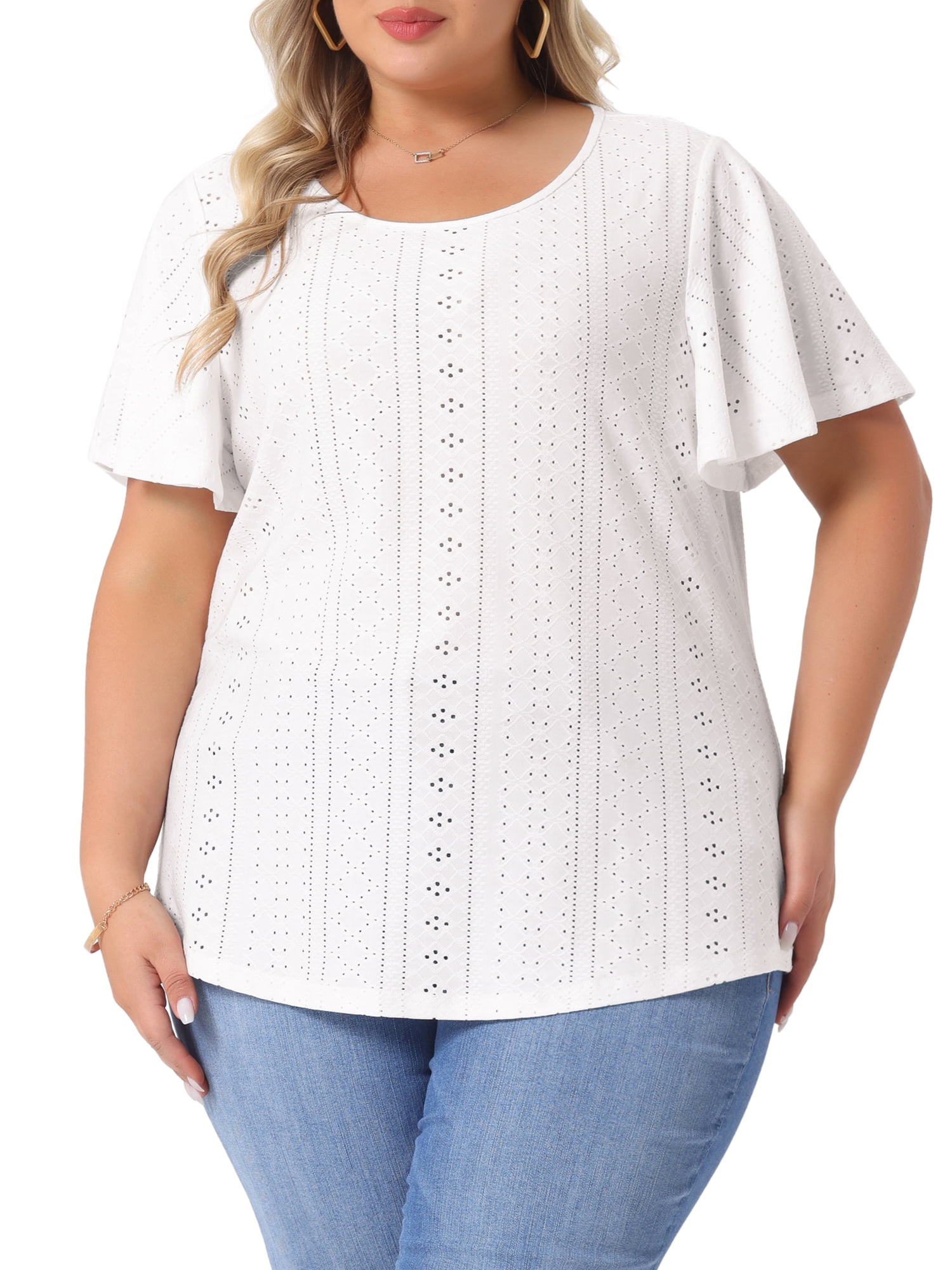 DARING DIVA Women's Plus Round Neck Hollow Flare Sleeve Casual Blouse 2X White