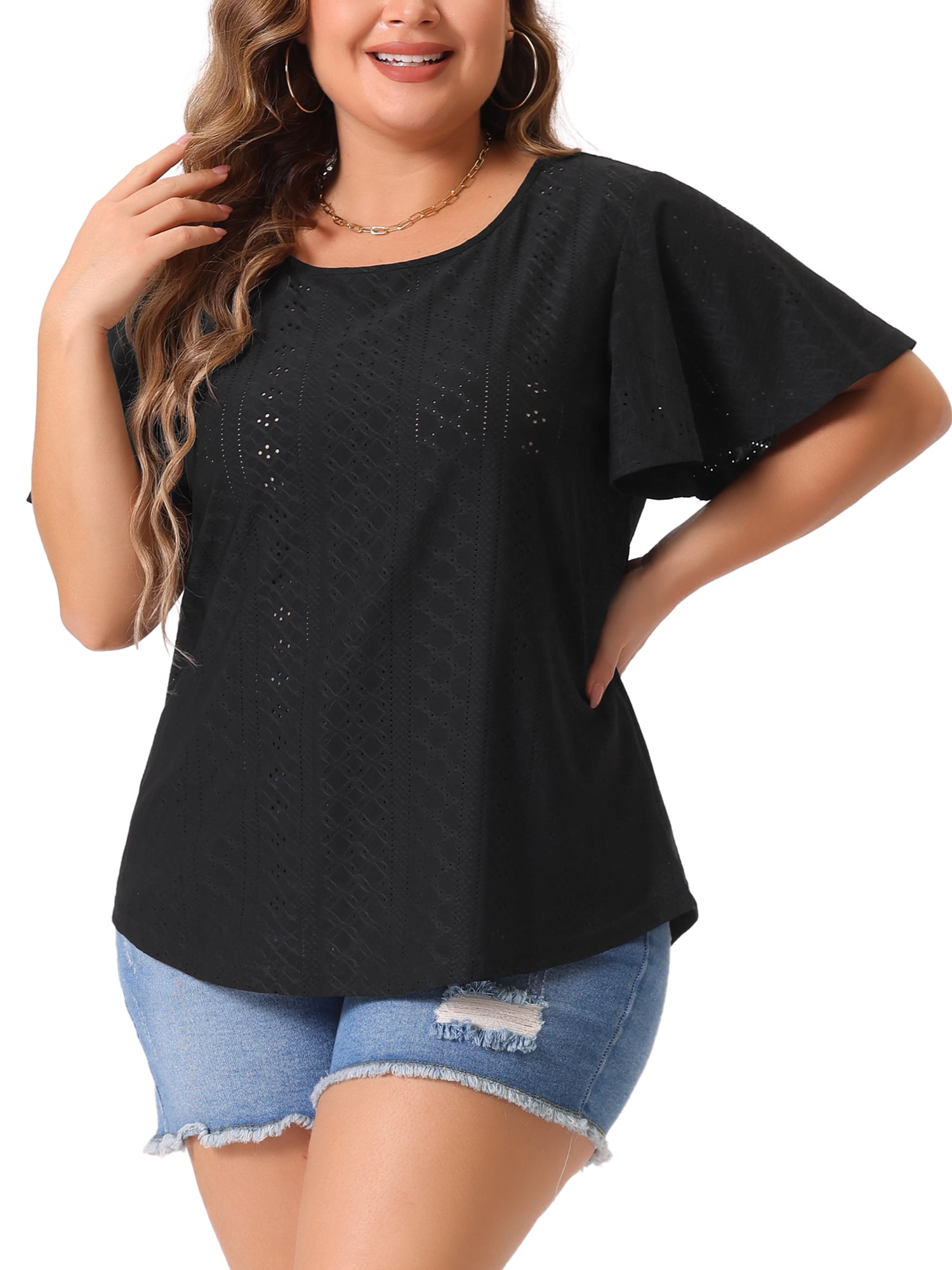 DARING DIVA Women's Plus Round Neck Hollow Flare Sleeve Casual Blouse 2X Black