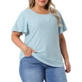 thumbnail image 1 of DARING DIVA Women's Plus Round Neck Hollow Flare Sleeve Casual Blouse 3X Light Blue, 1 of 6