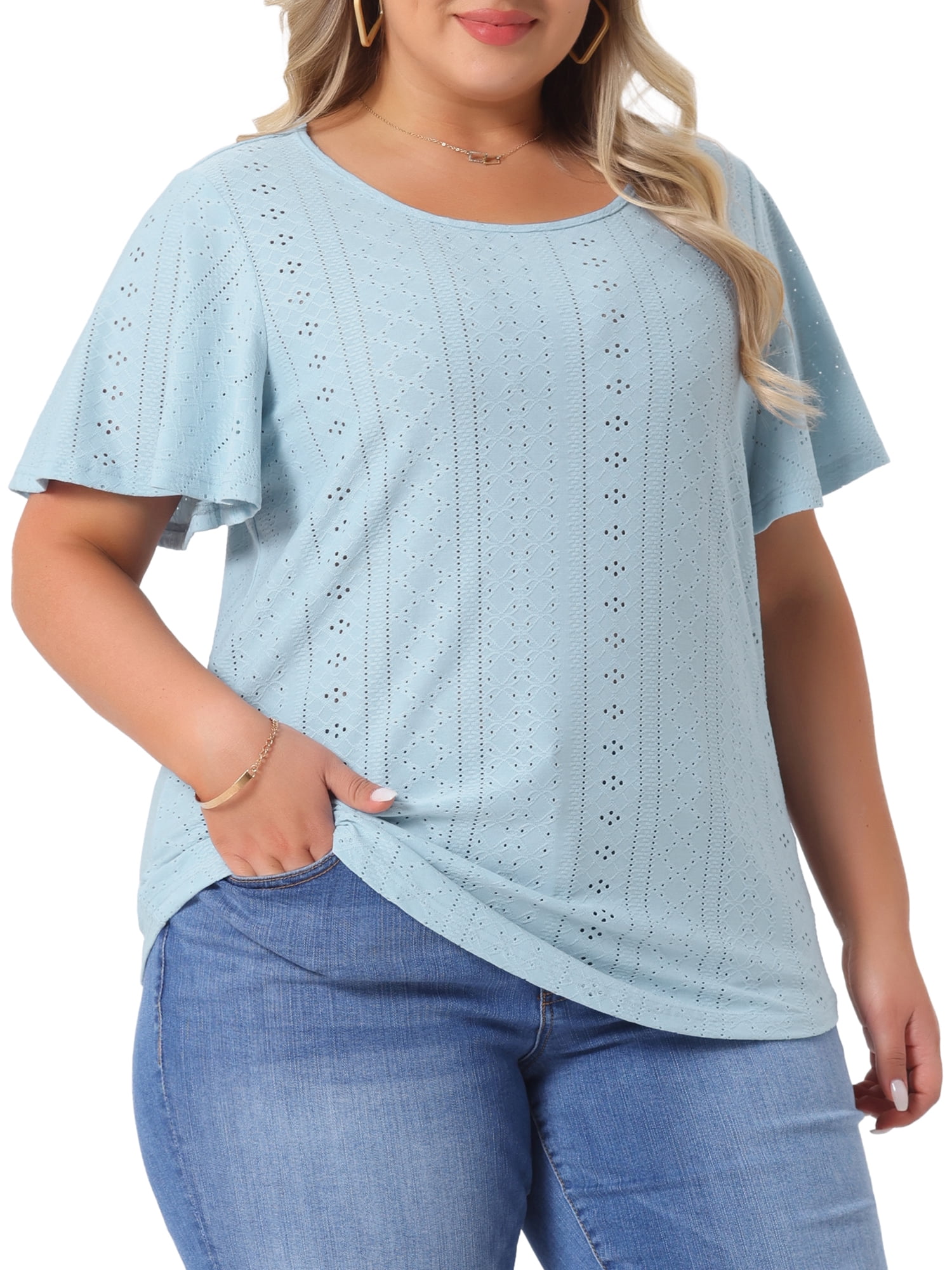 DARING DIVA Women's Plus Round Neck Hollow Flare Sleeve Casual Blouse 4X Light Blue