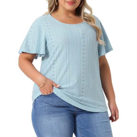 DARING DIVA Women's Plus Round Neck Hollow Flare Sleeve Casual Blouse 4X Light Blue