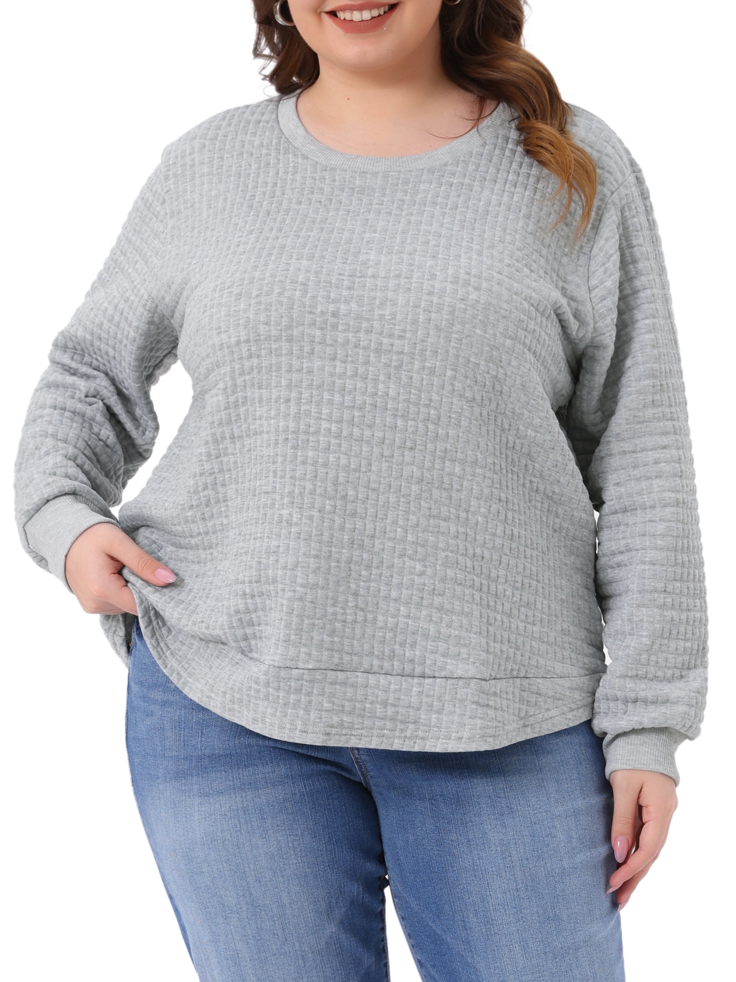 DARING DIVA Women's Plus Round Neck Long Sleeve Casual Pullover Blouse 2X Silver Gray