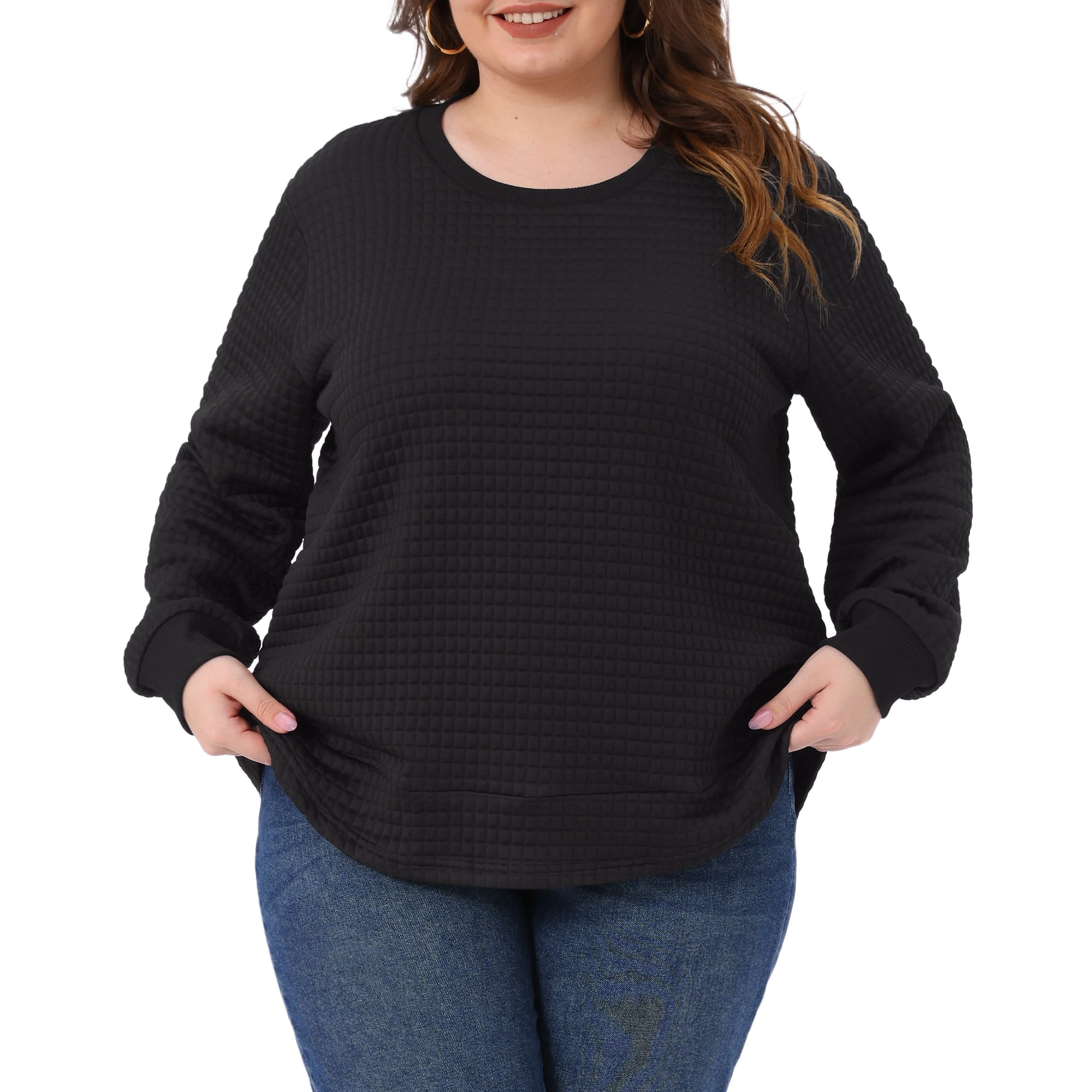 DARING DIVA Women's Plus Round Neck Long Sleeve Casual Pullover Blouse 5X Black