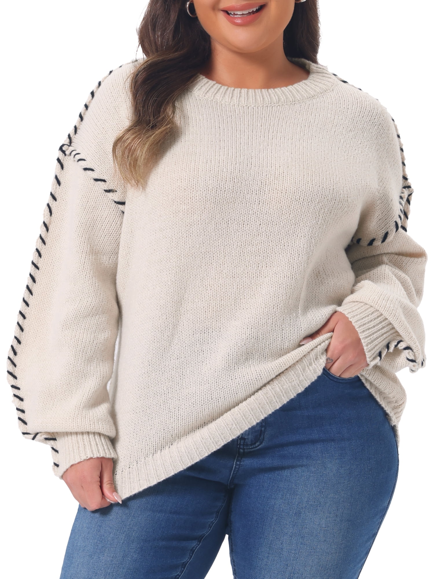 DARING DIVA Women's Plus Round Neck Long Sleeve Knit Pullover Sweater 3X White