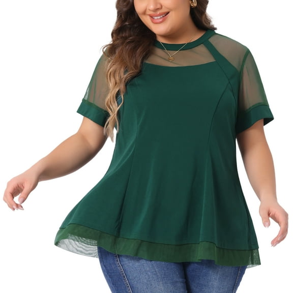 DARING DIVA Women's Plus Round Neck Peplum Short Sleeve Mesh Blouse 2X Dark Green