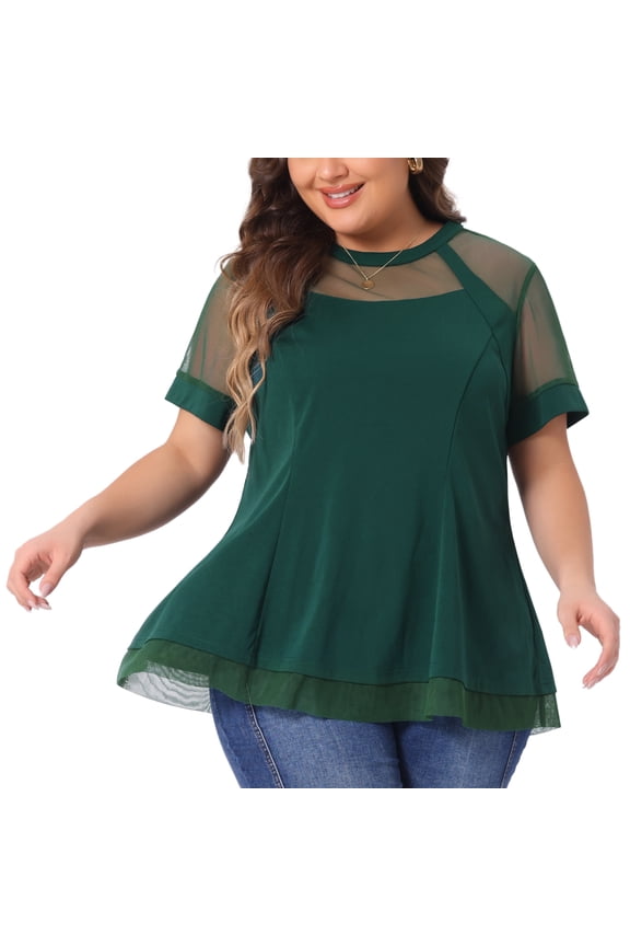 Women's Plus Round Neck Peplum Short Sleeve Mesh Blouse 2X Dark Green