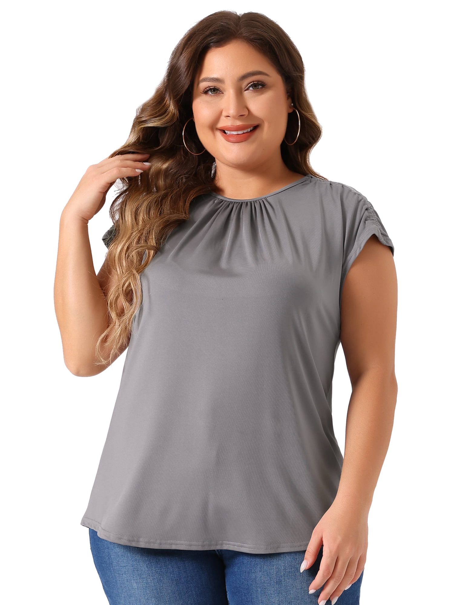 DARING DIVA Women's Plus Round Neck Ruched Short Sleeve Summer Top 2X Gray