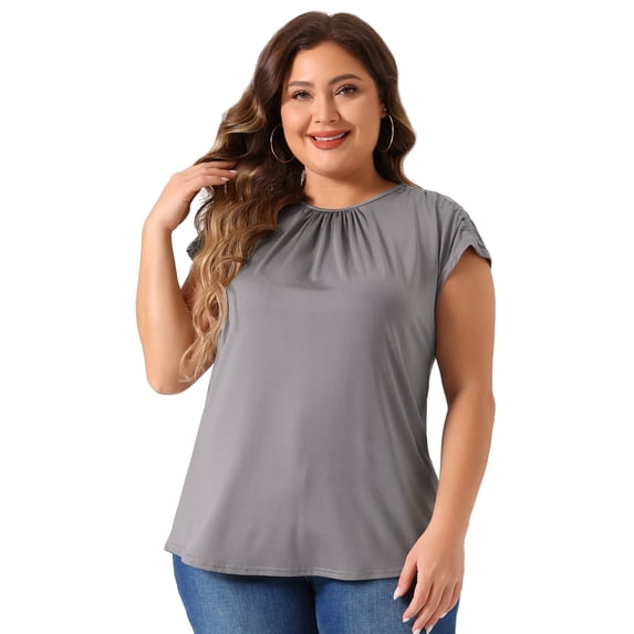 DARING DIVA Women's Plus Round Neck Ruched Short Sleeve Summer Top 4X Gray