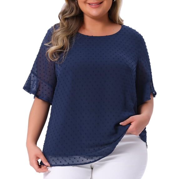 DARING DIVA Women's Plus Round Neck Ruffle Sleeve Swiss Dots Top 1X Dark Blue