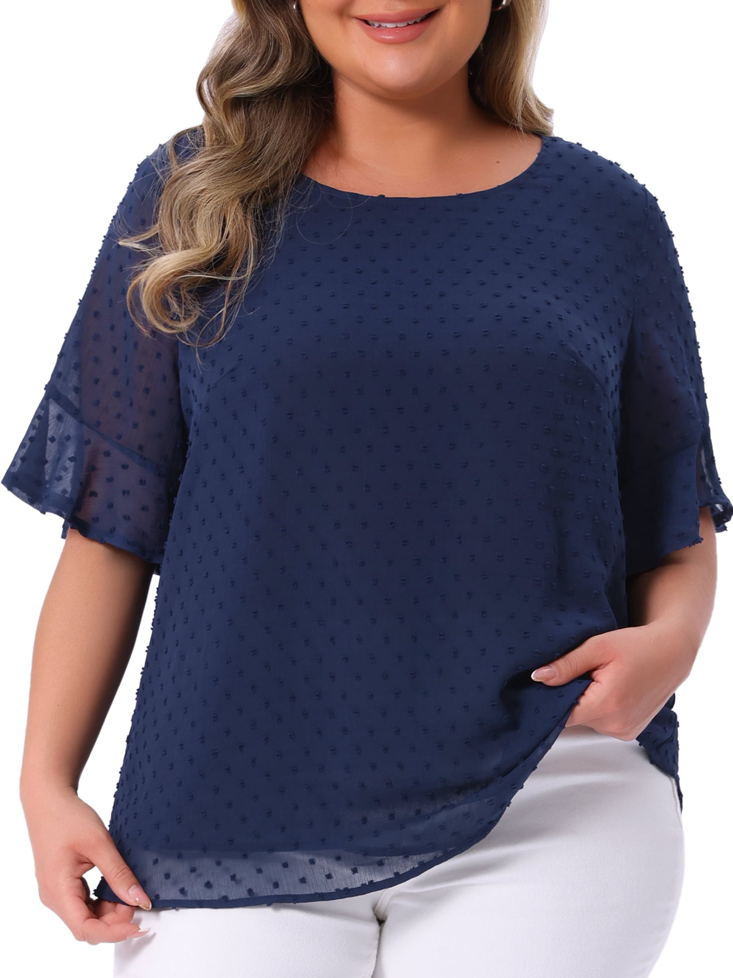 DARING DIVA Women's Plus Round Neck Ruffle Sleeve Swiss Dots Top 2X Dark Blue