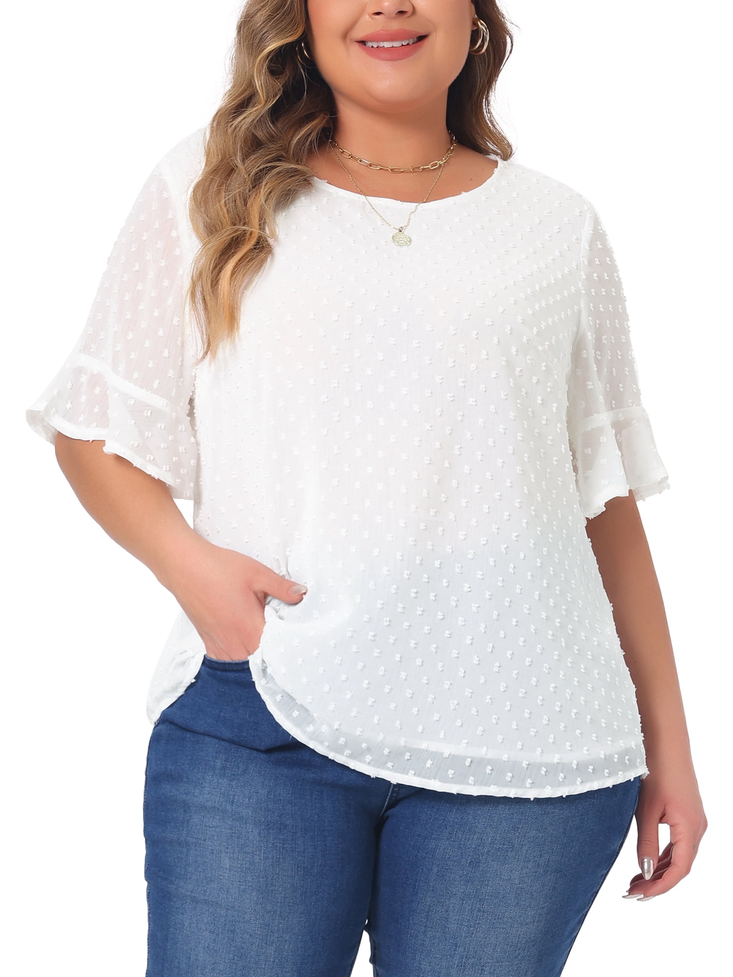 DARING DIVA Women's Plus Round Neck Ruffle Sleeve Swiss Dots Top 2X White
