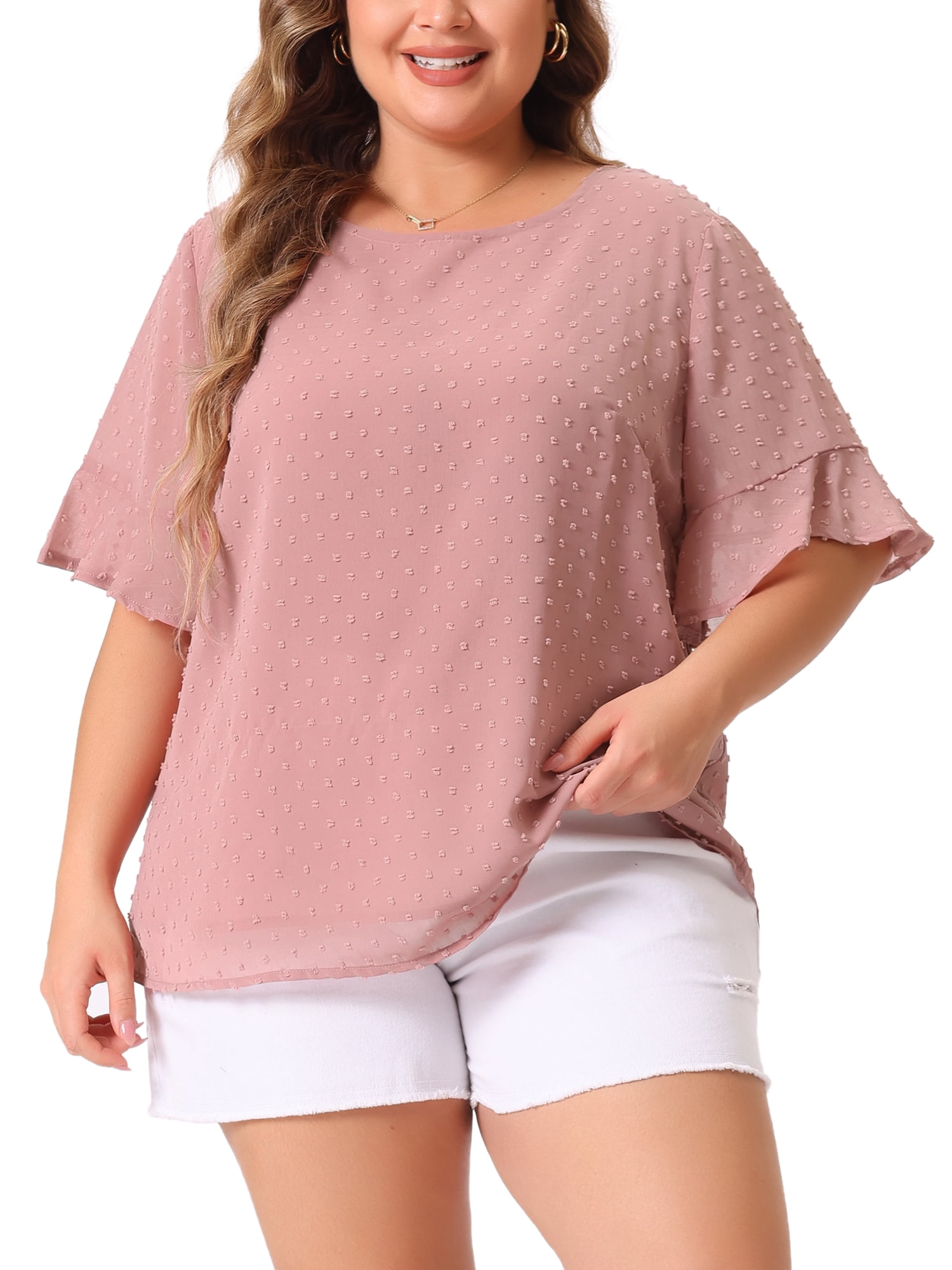 DARING DIVA Women's Plus Round Neck Ruffle Sleeve Swiss Dots Top 3X Dark Pink