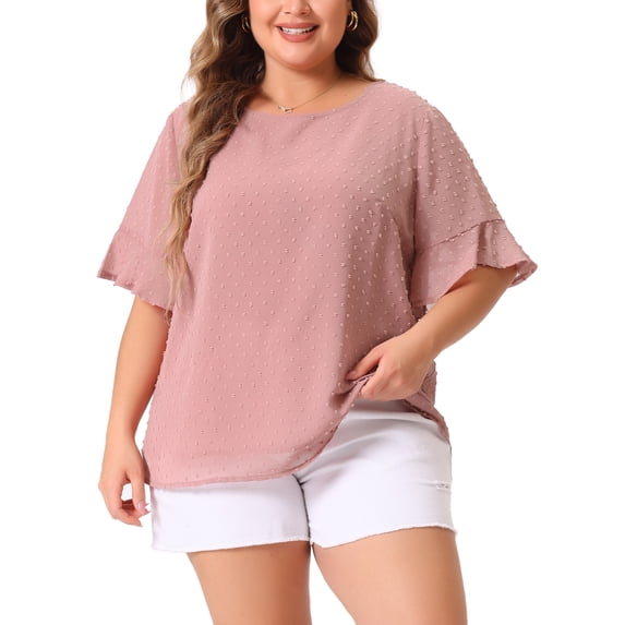 DARING DIVA Women's Plus Round Neck Ruffle Sleeve Swiss Dots Top 3X Dark Pink