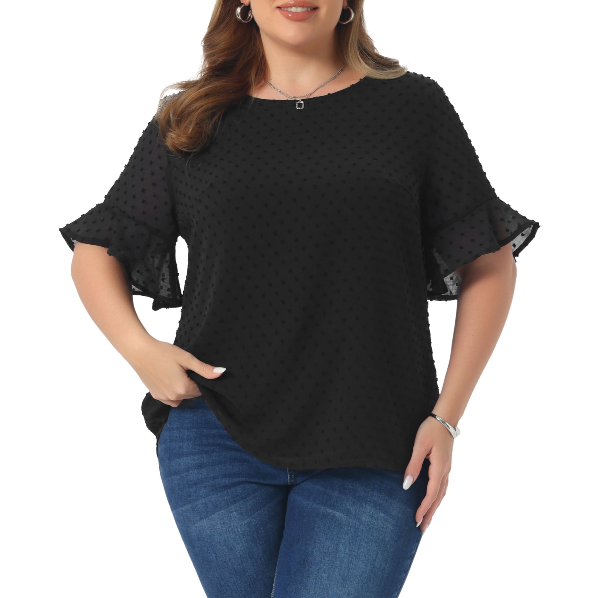 DARING DIVA Women's Plus Round Neck Ruffle Sleeve Swiss Dots Top 4X Black