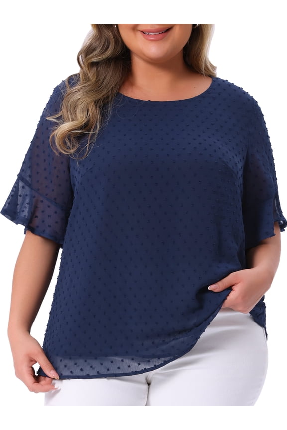 Women's Plus Round Neck Ruffle Sleeve Swiss Dots Top 4X Dark Blue