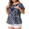 thumbnail image 1 of DARING DIVA Women's Plus Round Neck Short Sleeve Floral Print Blouse 3X Navy Blue, 1 of 6