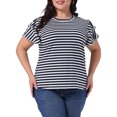 thumbnail image 1 of DARING DIVA Women's Plus Round Neck Striped Ruffle Blouse 1X Navy Blue, 1 of 6