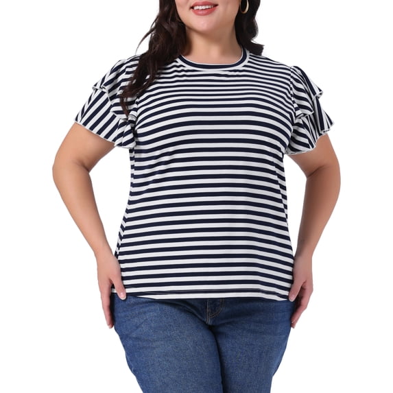 DARING DIVA Women's Plus Round Neck Striped Ruffle Blouse 1X Navy Blue