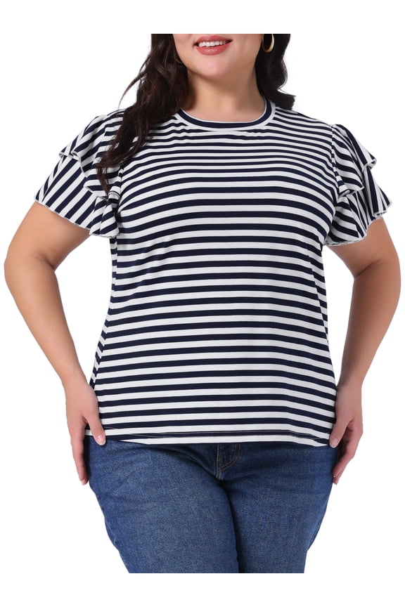 Women's Plus Round Neck Striped Ruffle Blouse 1X Navy Blue