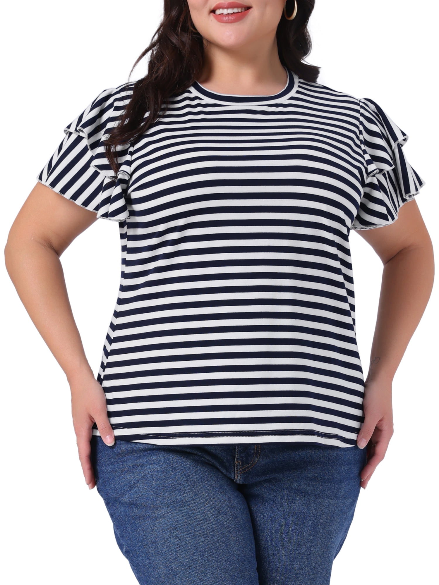 DARING DIVA Women's Plus Round Neck Striped Ruffle Blouse 2X Navy Blue