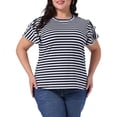 thumbnail image 1 of DARING DIVA Women's Plus Round Neck Striped Ruffle Blouse 2X Navy Blue, 1 of 6