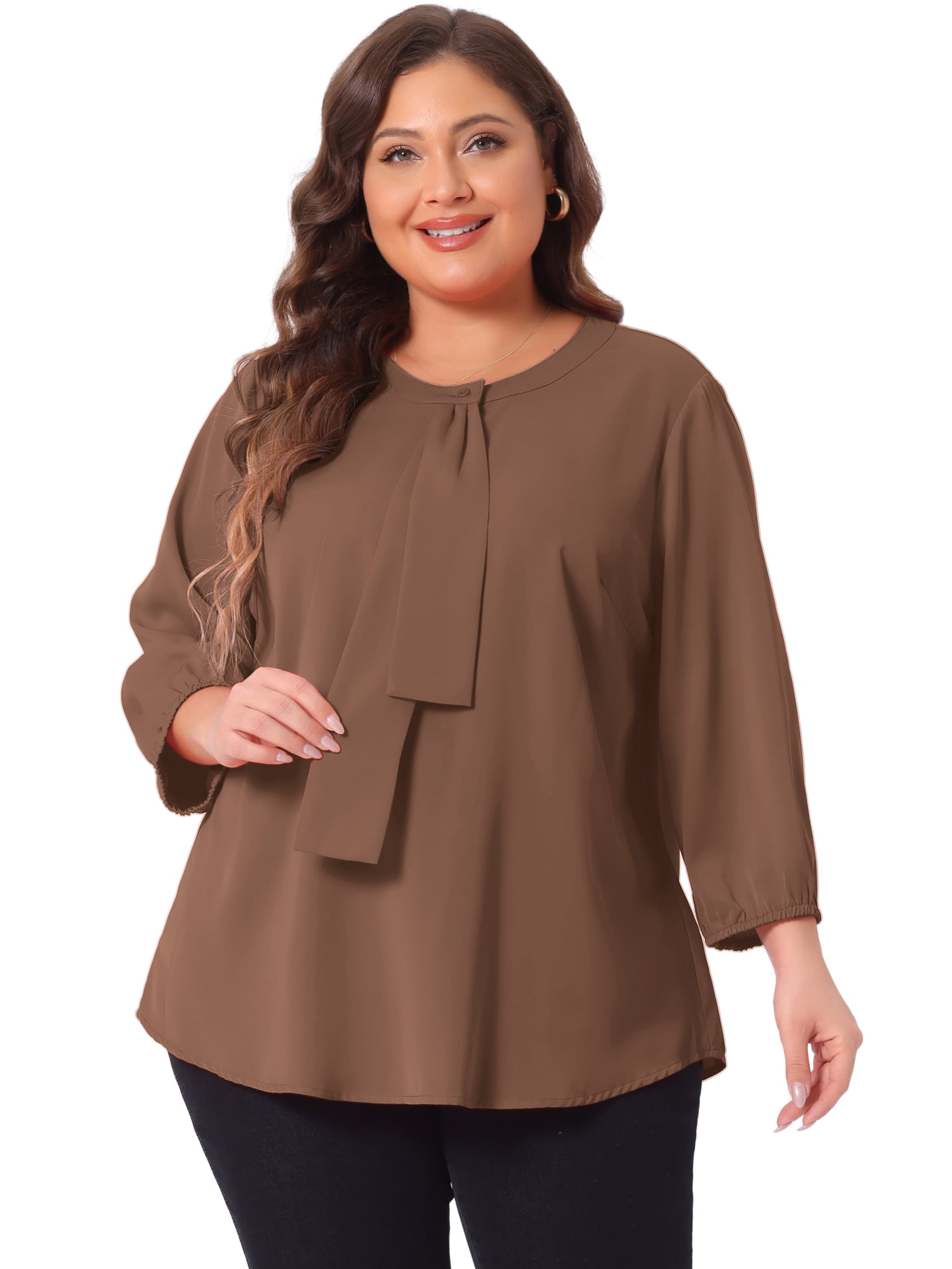 DARING DIVA Women's Plus Round Neck Work Ruffle Chiffon Top 3X Dark Brown