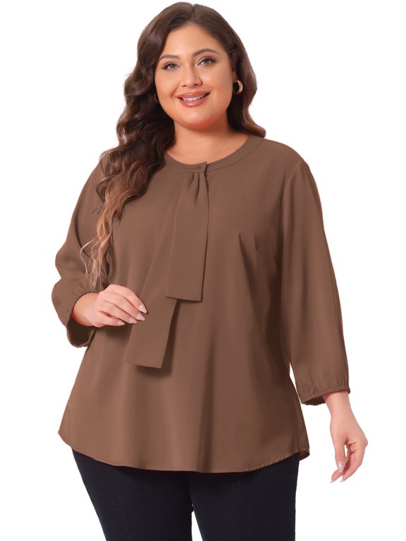 Women's Plus Round Neck Work Ruffle Chiffon Top 3X Dark Brown