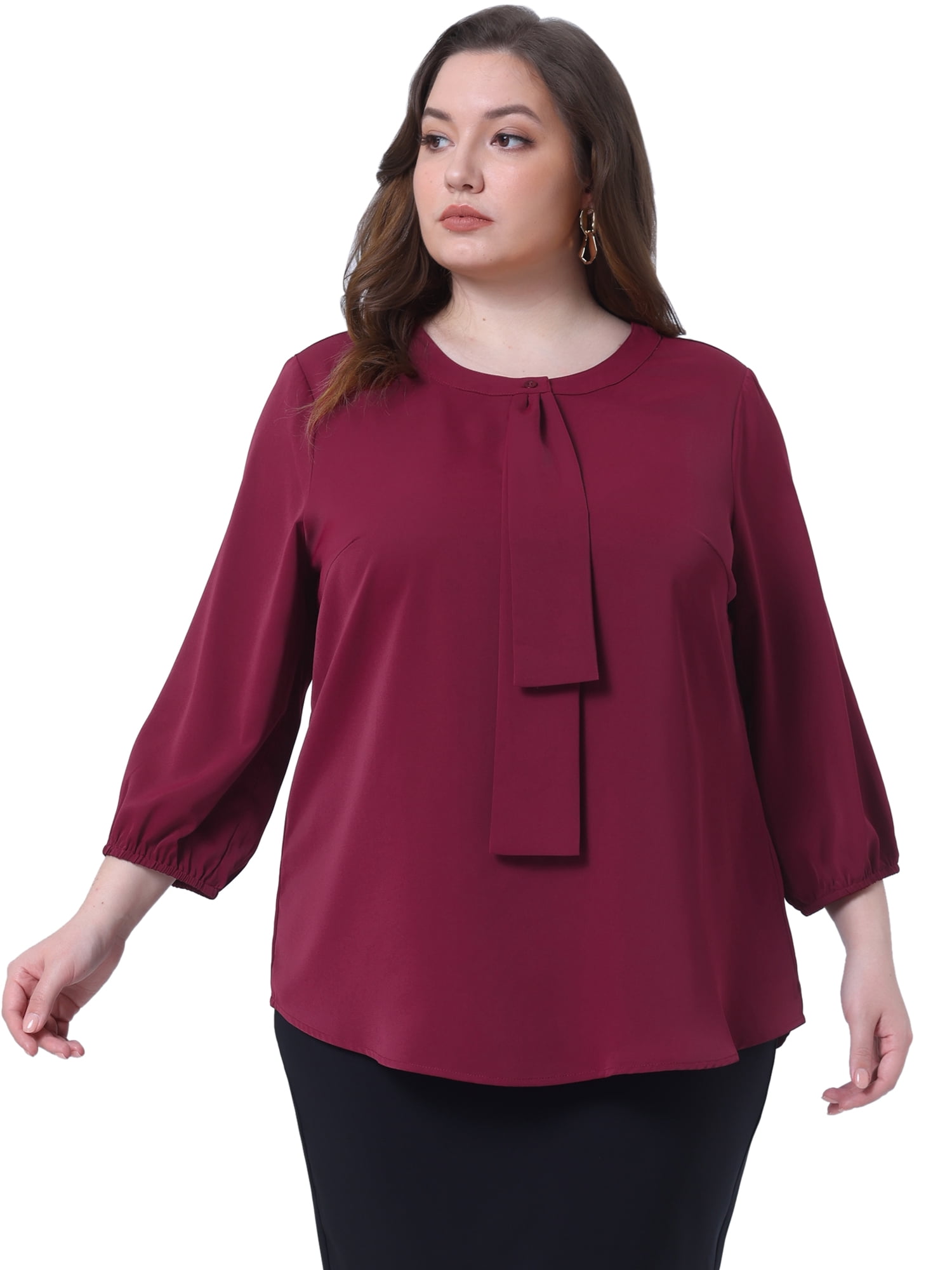 DARING DIVA Women's Plus Round Neck Work Ruffle Chiffon Top 3X Wine Red