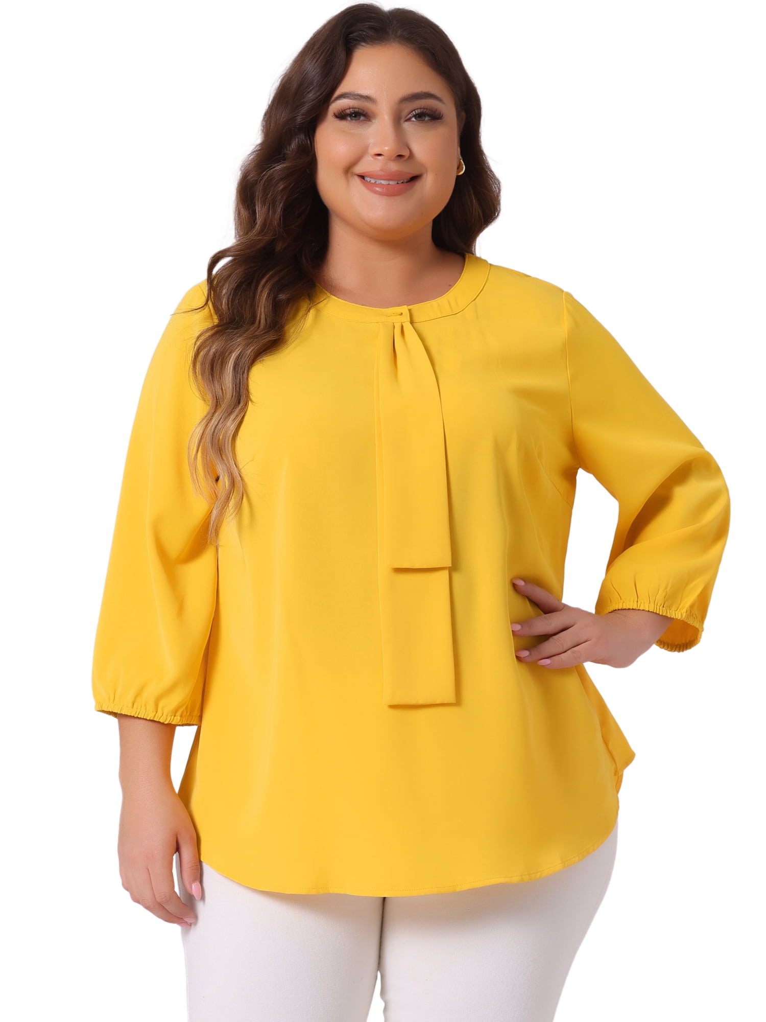 DARING DIVA Women's Plus Round Neck Work Ruffle Chiffon Top 4X Yellow