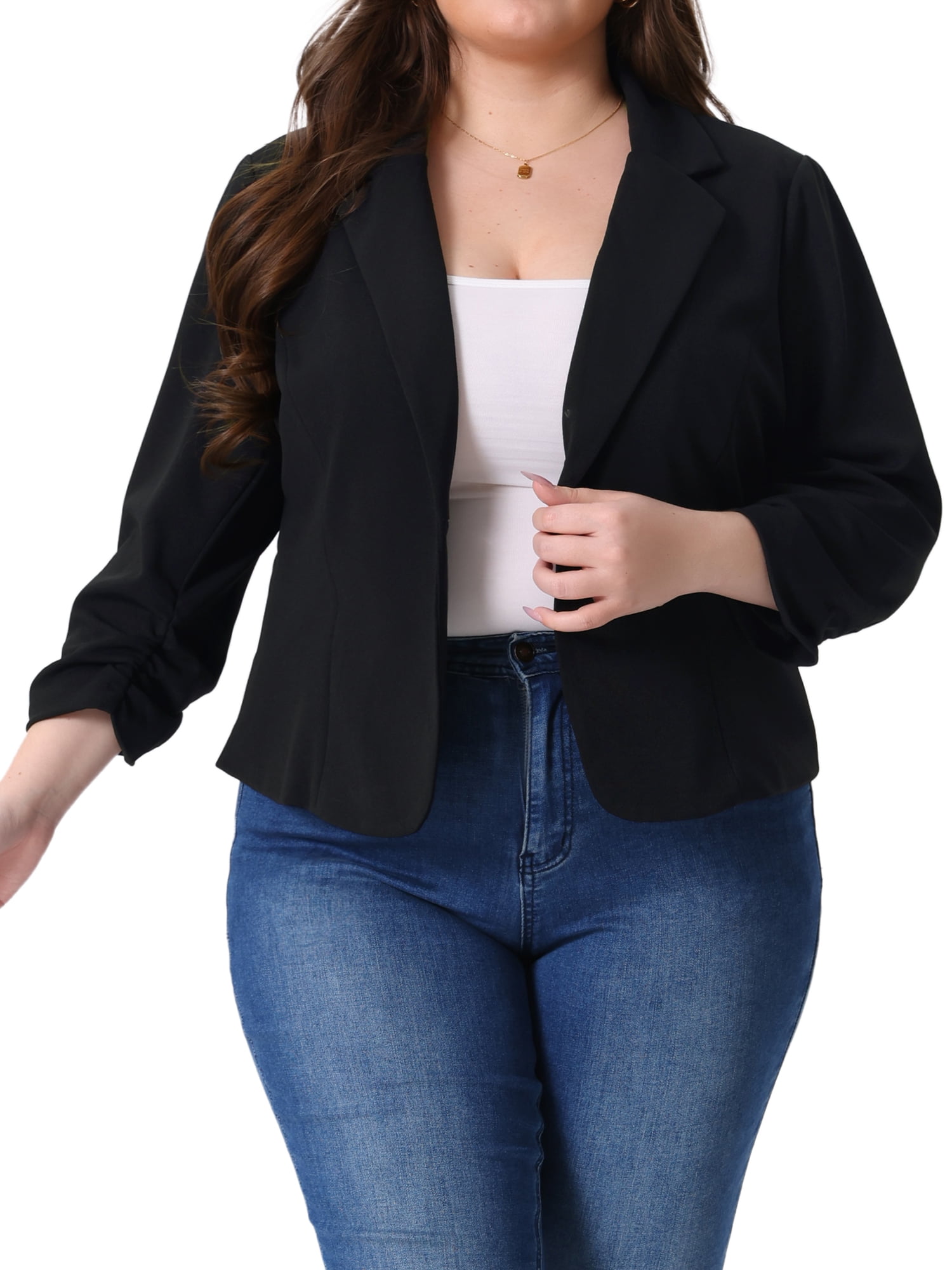DARING DIVA Women's Plus Ruched 3/4 Sleeve Notch Lapel Blazer Jacket Black 1X