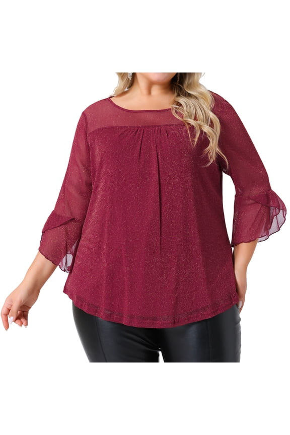 Women's Plus Ruffle 3/4 Sleeve Elegant Crew Neck Blouse 2X Red