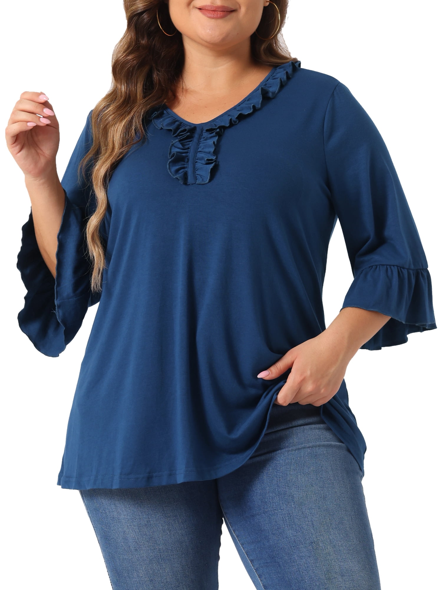 DARING DIVA Women's Plus Ruffle V Neck Tunic Dressy Top 4X Blue