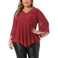 thumbnail image 1 of DARING DIVA Women's Plus Ruffle 3/4 Sleeve V Neck Loose Fit Blouse 1X Burgundy, 1 of 6