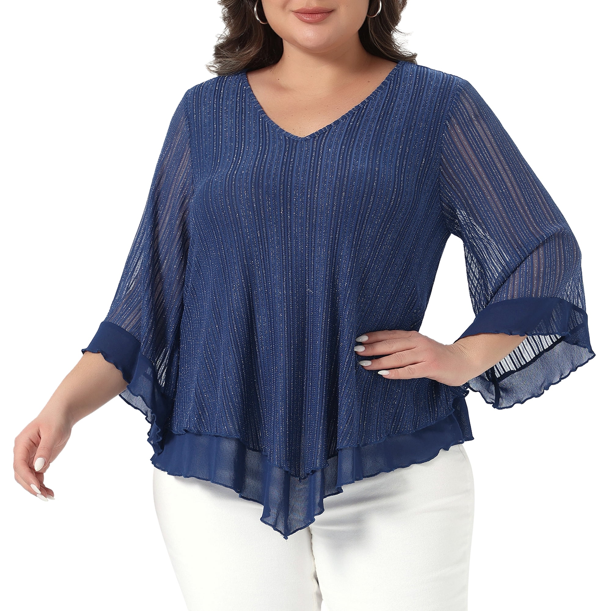 DARING DIVA Women's Plus Ruffle 3/4 Sleeve V Neck Loose Fit Blouse 1X Navy Blue
