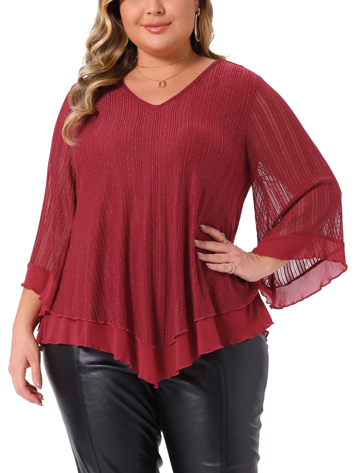 DARING DIVA Women's Plus Ruffle 3/4 Sleeve V Neck Loose Fit Blouse 3X Burgundy