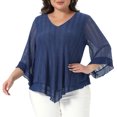 thumbnail image 1 of DARING DIVA Women's Plus Ruffle 3/4 Sleeve V Neck Loose Fit Blouse 4X Navy Blue, 1 of 6