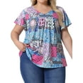 thumbnail image 1 of DARING DIVA Women's Plus Ruffle Boho Floral T Shirt 1X Blue Pink Block, 1 of 6