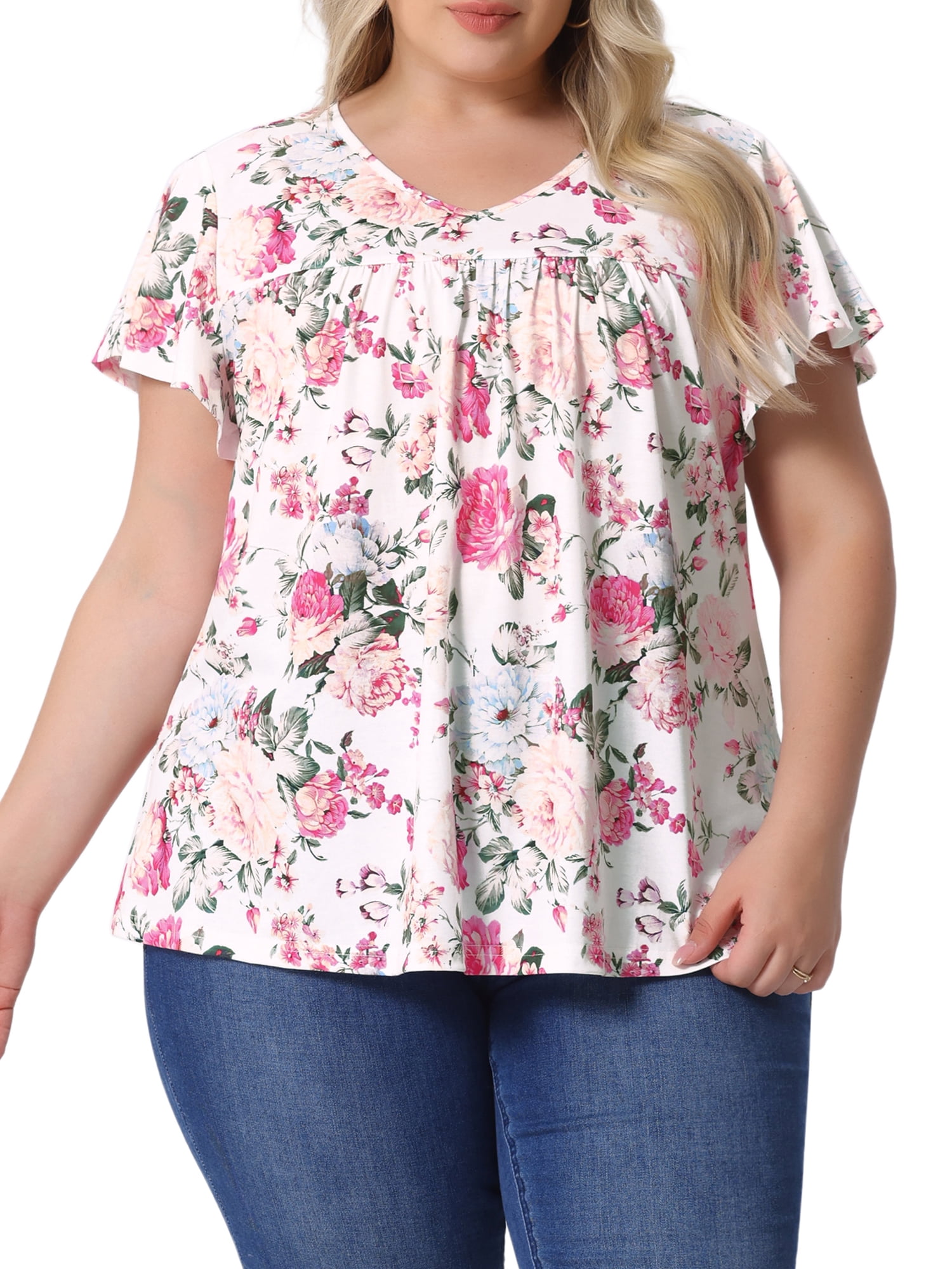 DARING DIVA Women's Plus Ruffle Boho Floral T Shirt 1X White Pink Floral