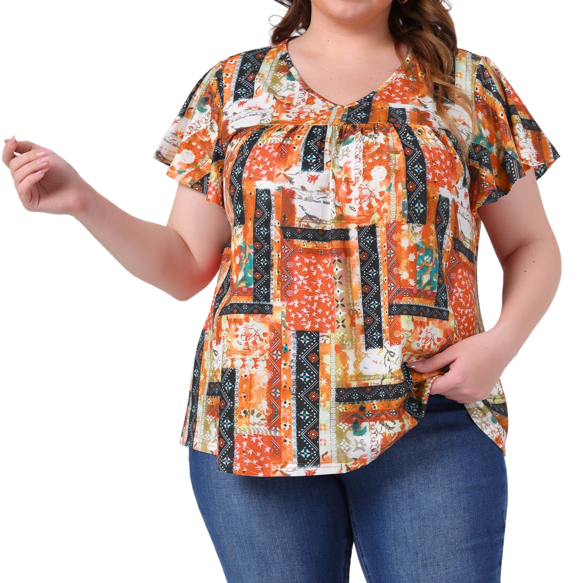 DARING DIVA Women's Plus Ruffle Boho Floral T Shirt 2X Orange