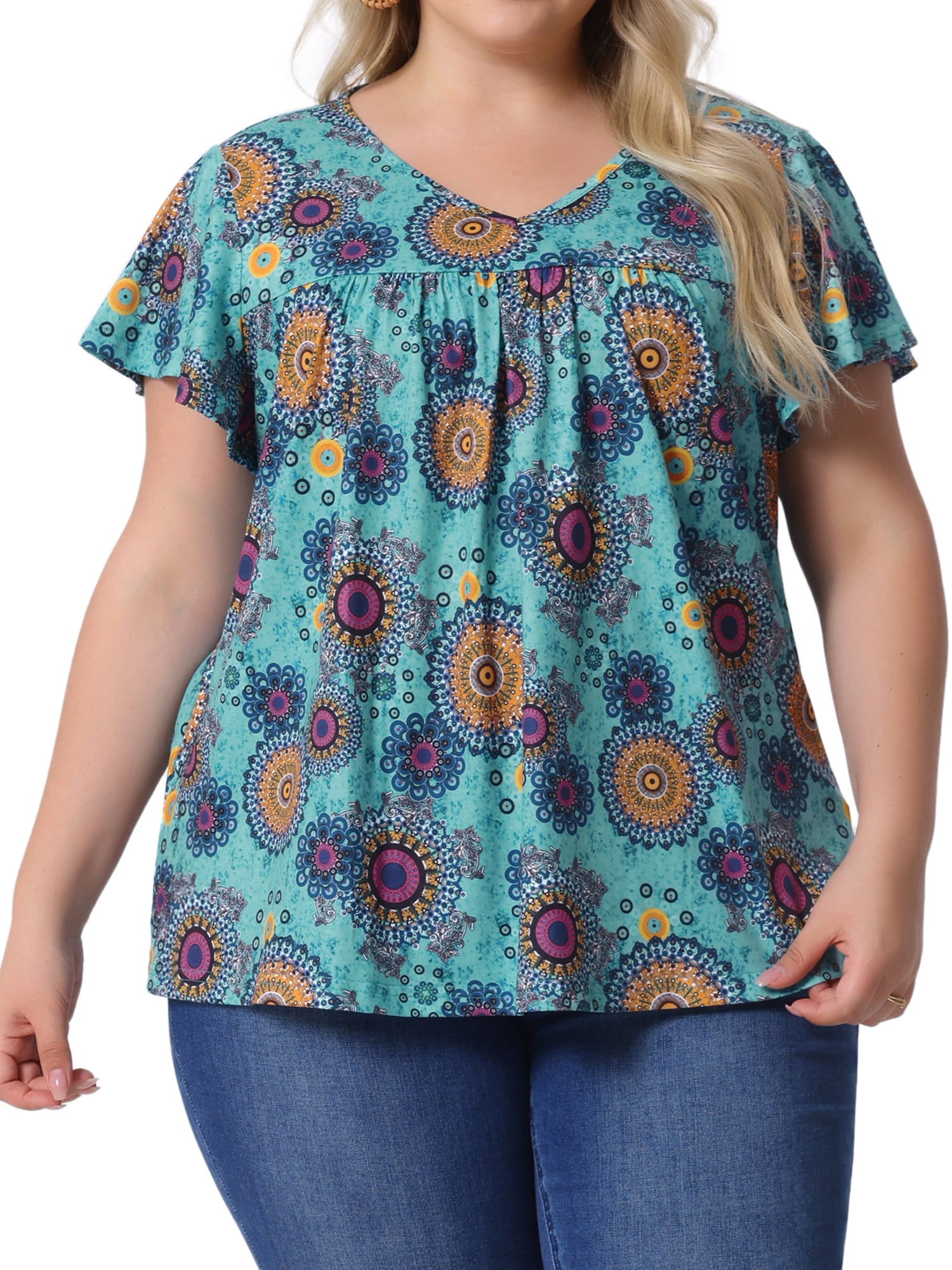 DARING DIVA Women's Plus Ruffle Boho Floral T Shirt 3X Blue Orange Circle