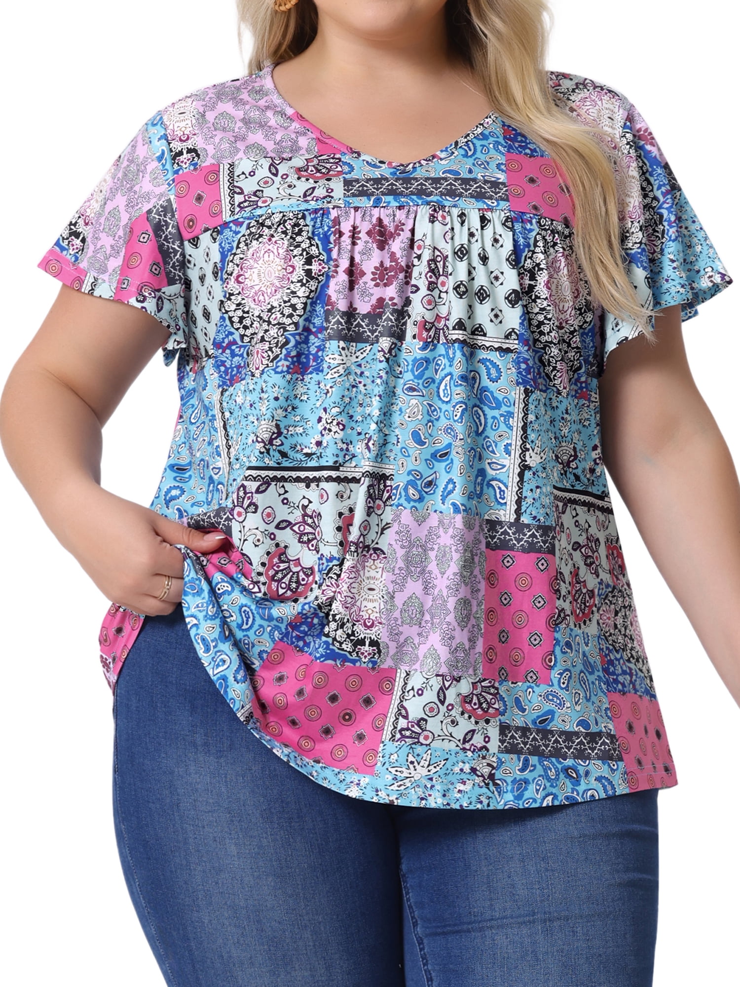 DARING DIVA Women's Plus Ruffle Boho Floral T Shirt 3X Blue Pink Block