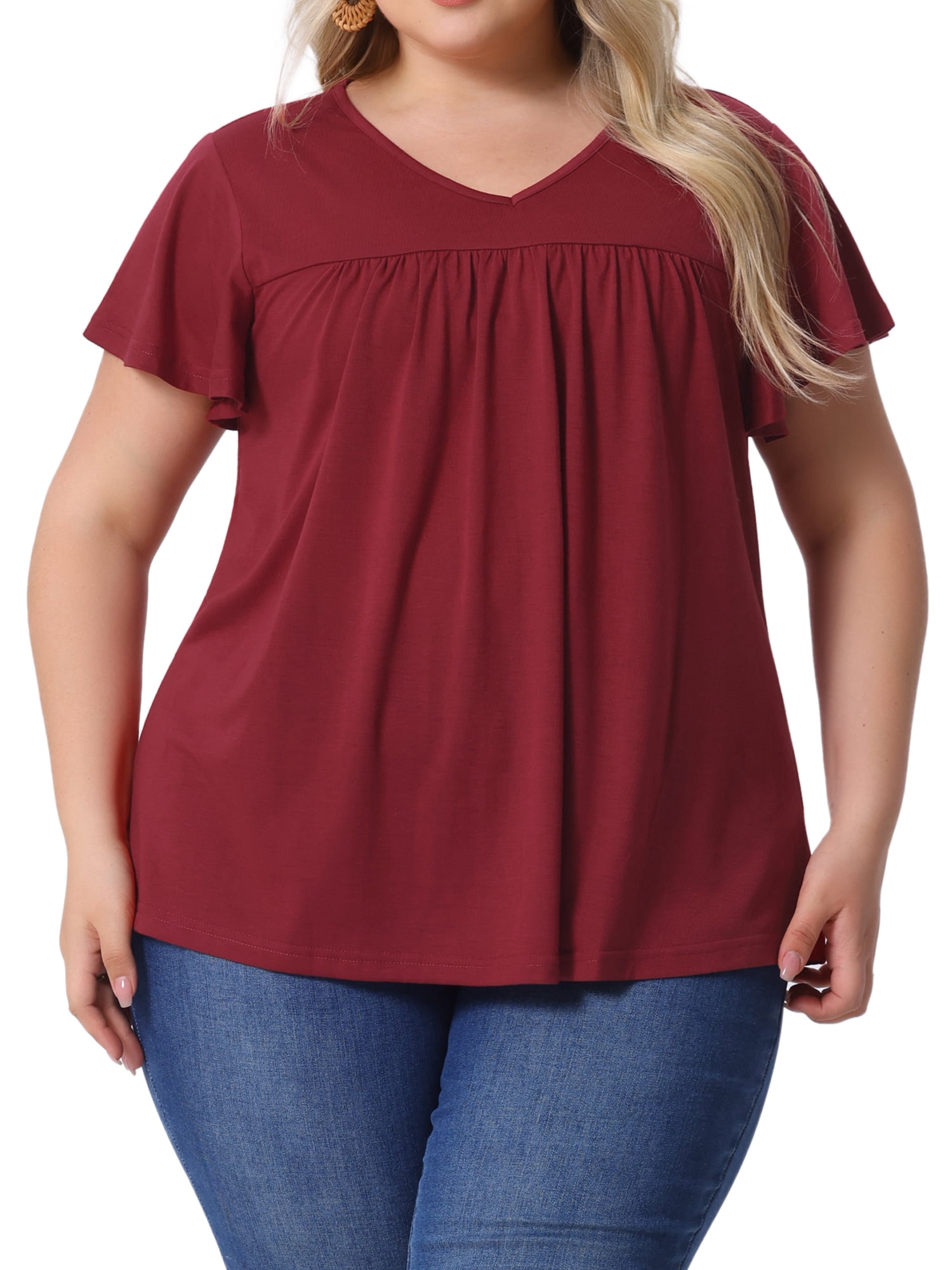 DARING DIVA Women's Plus Ruffle Boho Floral T Shirt 3X Burgundy