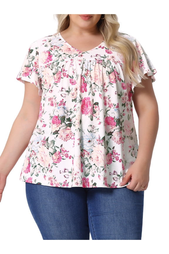 Women's Plus Ruffle Boho Floral T Shirt 3X White Pink Floral
