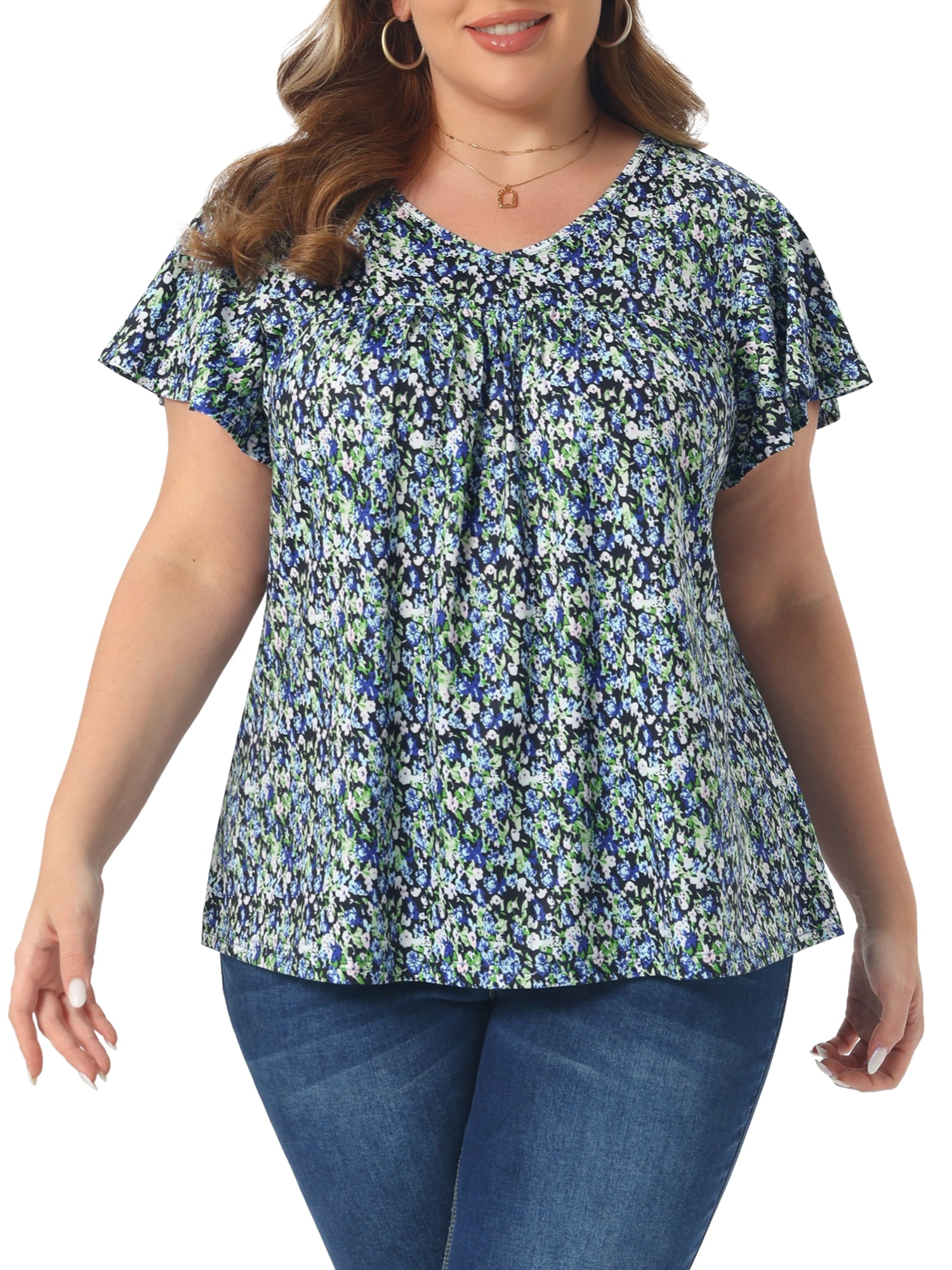 DARING DIVA Women's Plus Ruffle Boho Floral T Shirt 4X Navy Blue