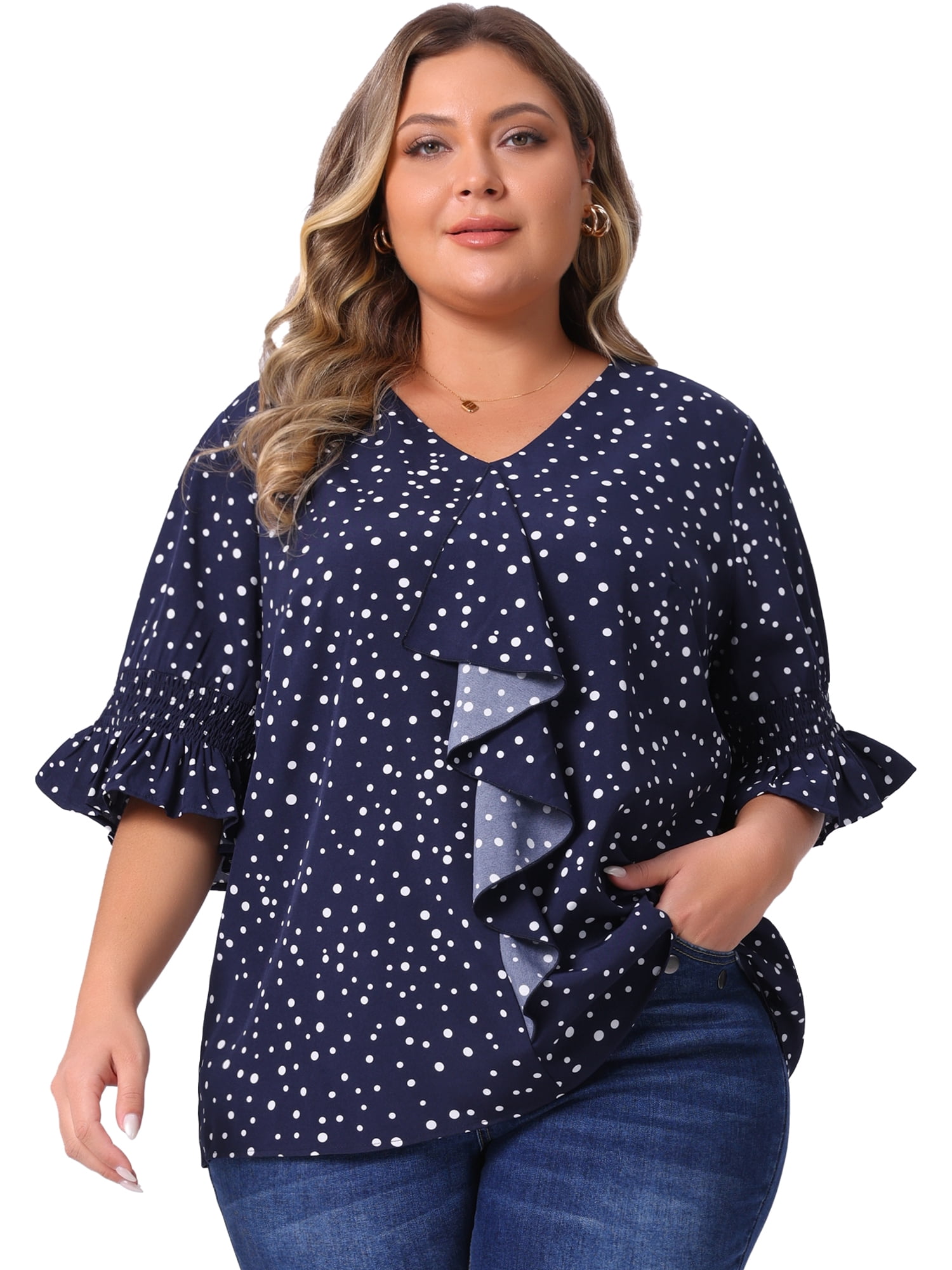 DARING DIVA Women's Plus Ruffle Loose V Neck Smocked Sleeves Top 1X Dark Blue