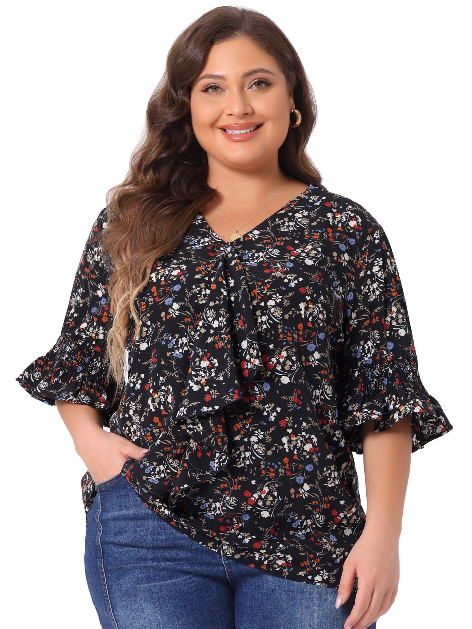 DARING DIVA Women's Plus Ruffle Loose V Neck Smocked Sleeves Top 3X Black
