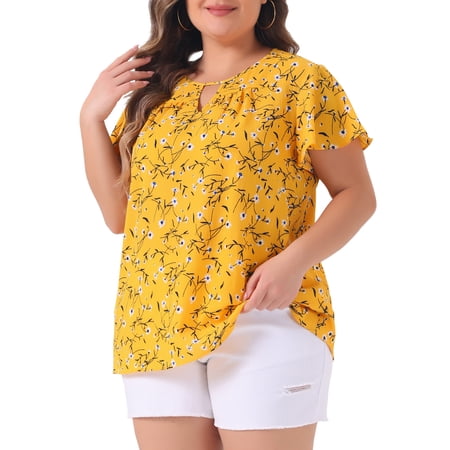 DARING DIVA Women's Plus Ruffle Short Sleeve Keyhole Chiffon Blouse 1X Yellow